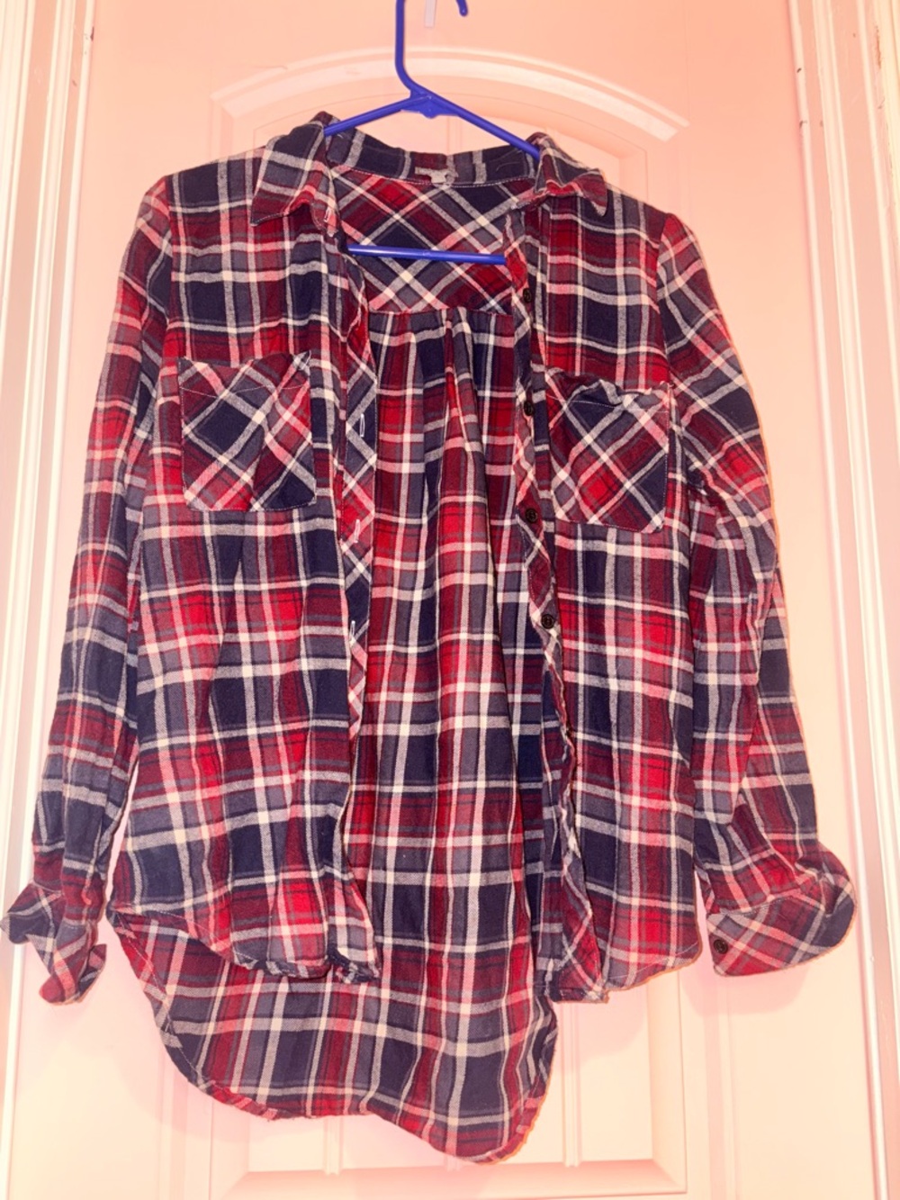 Red and Navy Plaid Button-Up Flannel Shirt